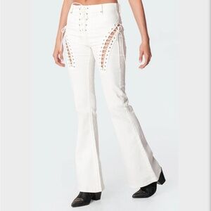 White lace up flare pants